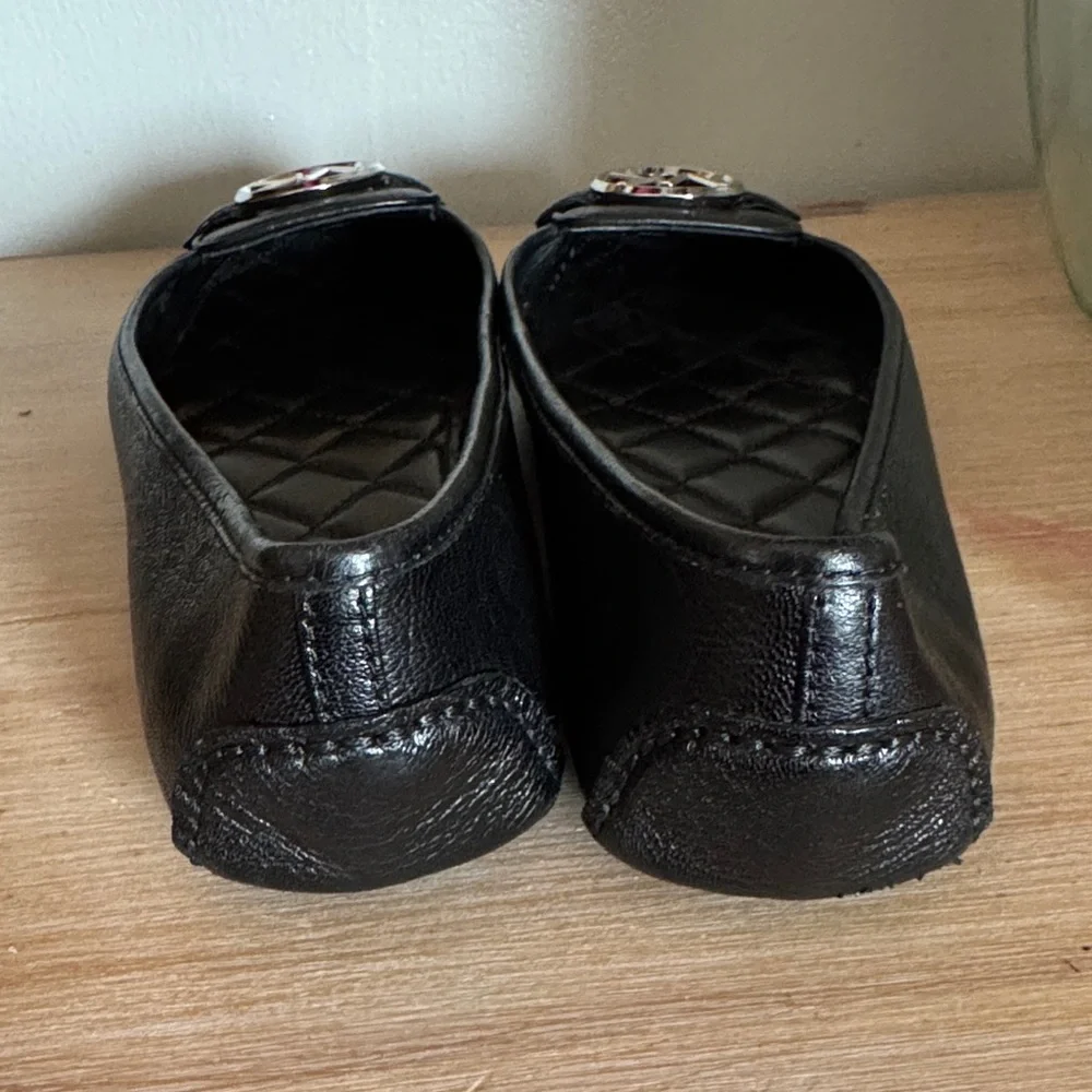 Michael Kors Black Leather Ballet Flats Silver Logo Designer Slip-On Everyday